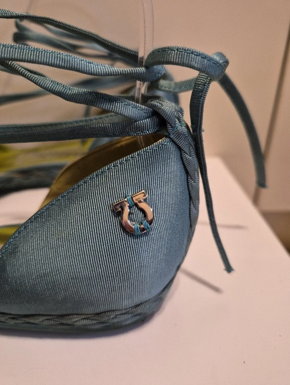 Salvatore Ferragamo Aquamarine Raw Silk Lace-Up Flat Espadrilles Sz.8 Ret. $895